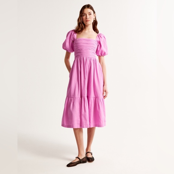 Abercrombie & Fitch Dresses & Skirts - Abercrombie & Fitch Emerson Linen-Blend Puff Sleeve Midi Dress in Pink Size L